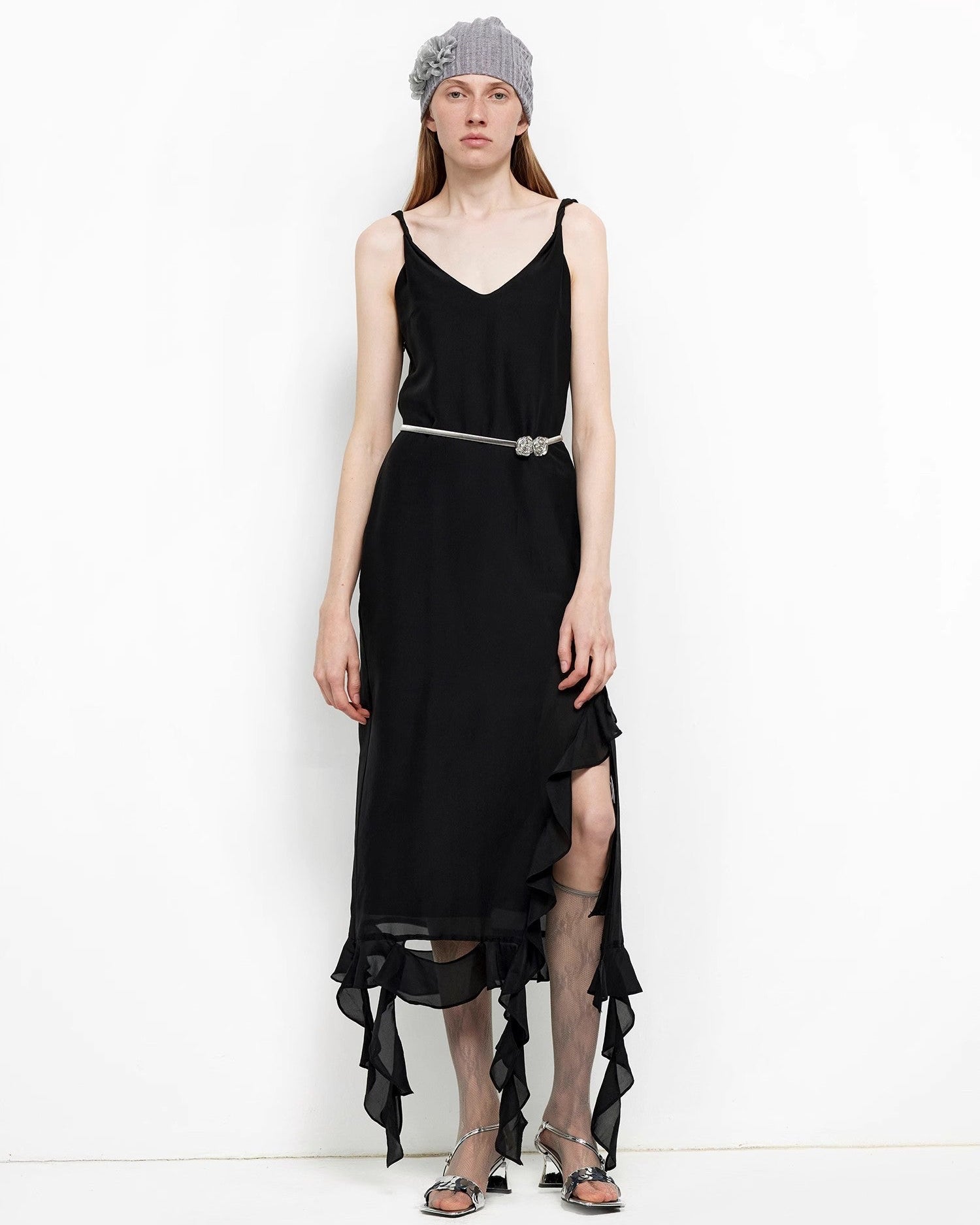 Acetate Mulberry Silk V-Neck Ruffled Draped Twist Strap Summer Dress ‘Rosy Ombre’