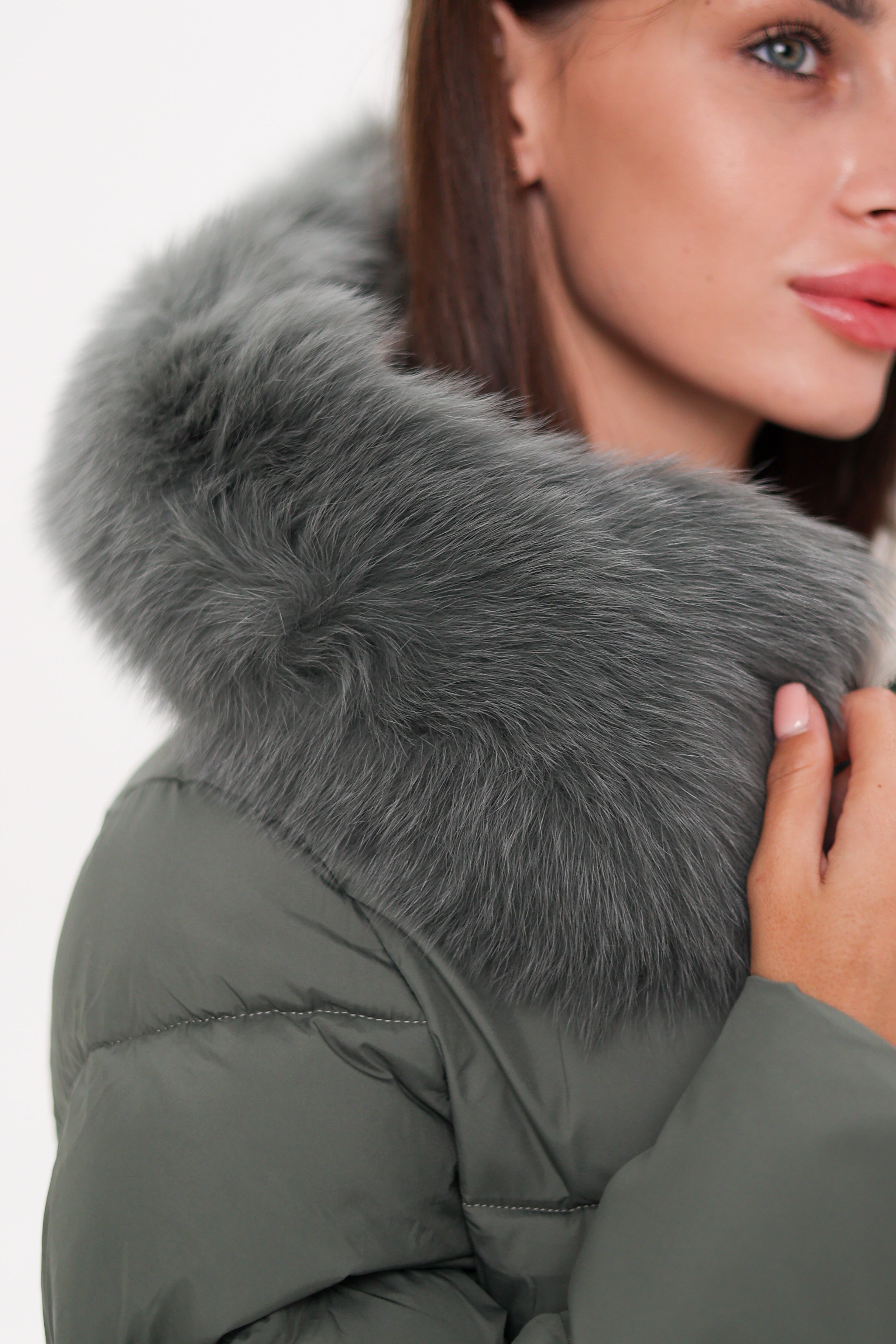 Genuine Polar Fox Trim Bio Down Coat | Sage