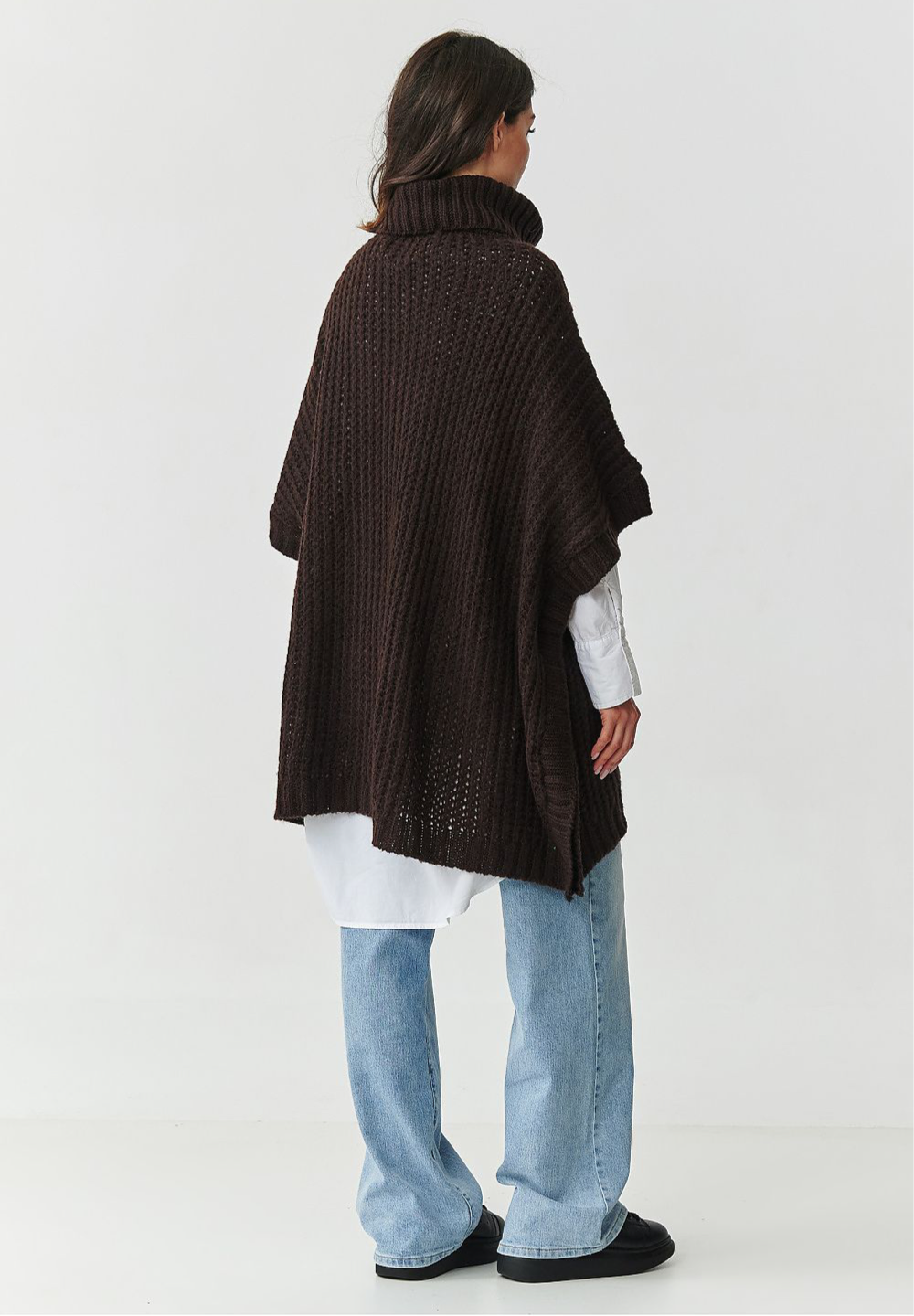 Oversized Wool Blend Turtleneck Poncho Sweater in Choco