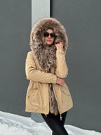 Genuine Silver Fur Trim Parka with Rabbit Fur Insulation Khaki