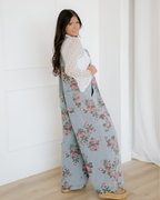 Floral Pleated Wide Leg Denim Overalls