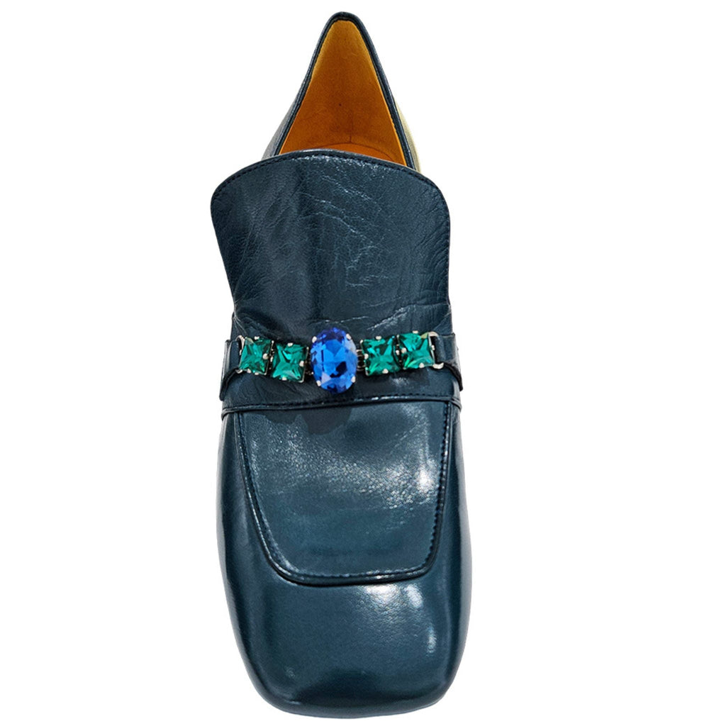 Madison Maison Navy Leather Mid Heel Jeweled Loafer