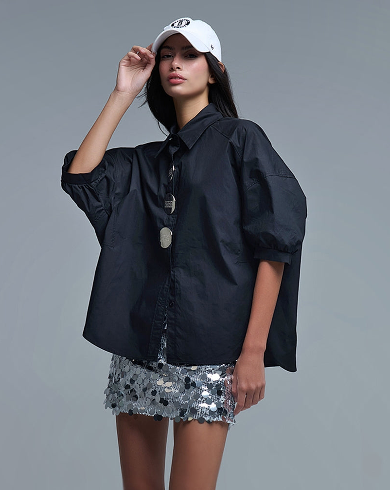 Relaxed 3/4 Sleeve Poplin Shirt with Button Detail in Black