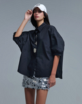 Relaxed 3/4 Sleeve Poplin Shirt with Button Detail in Black