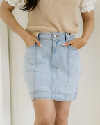 Juliet Exposed Seam Detail A-Line Denim Mini Skirt with Pockets