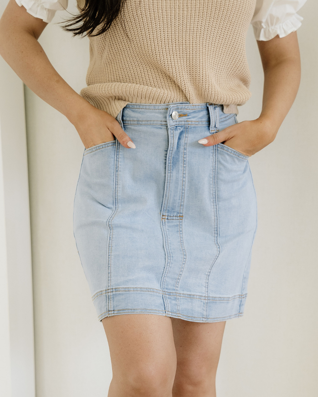 Juliet Exposed Seam Detail A-Line Denim Mini Skirt with Pockets
