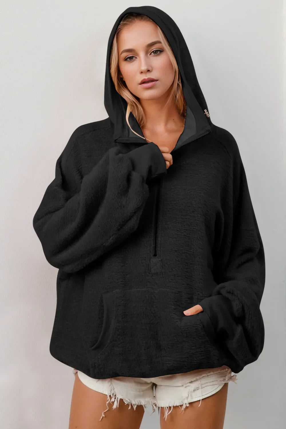 Double Take Half Zip Hoodie with Kangaroo Pocket