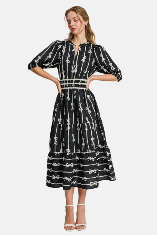 Bow Tie Print Notched Contrast Velvet Trim Midi Dress