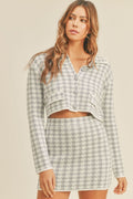 Houndstooth Cropped Knit Cardigan and Mini Skirt Set Blue