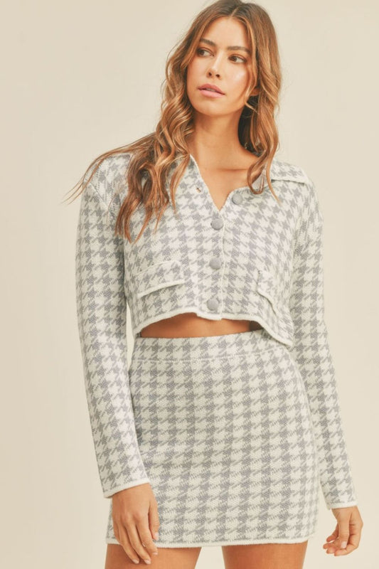 Houndstooth Cropped Knit Cardigan and Mini Skirt Set Blue