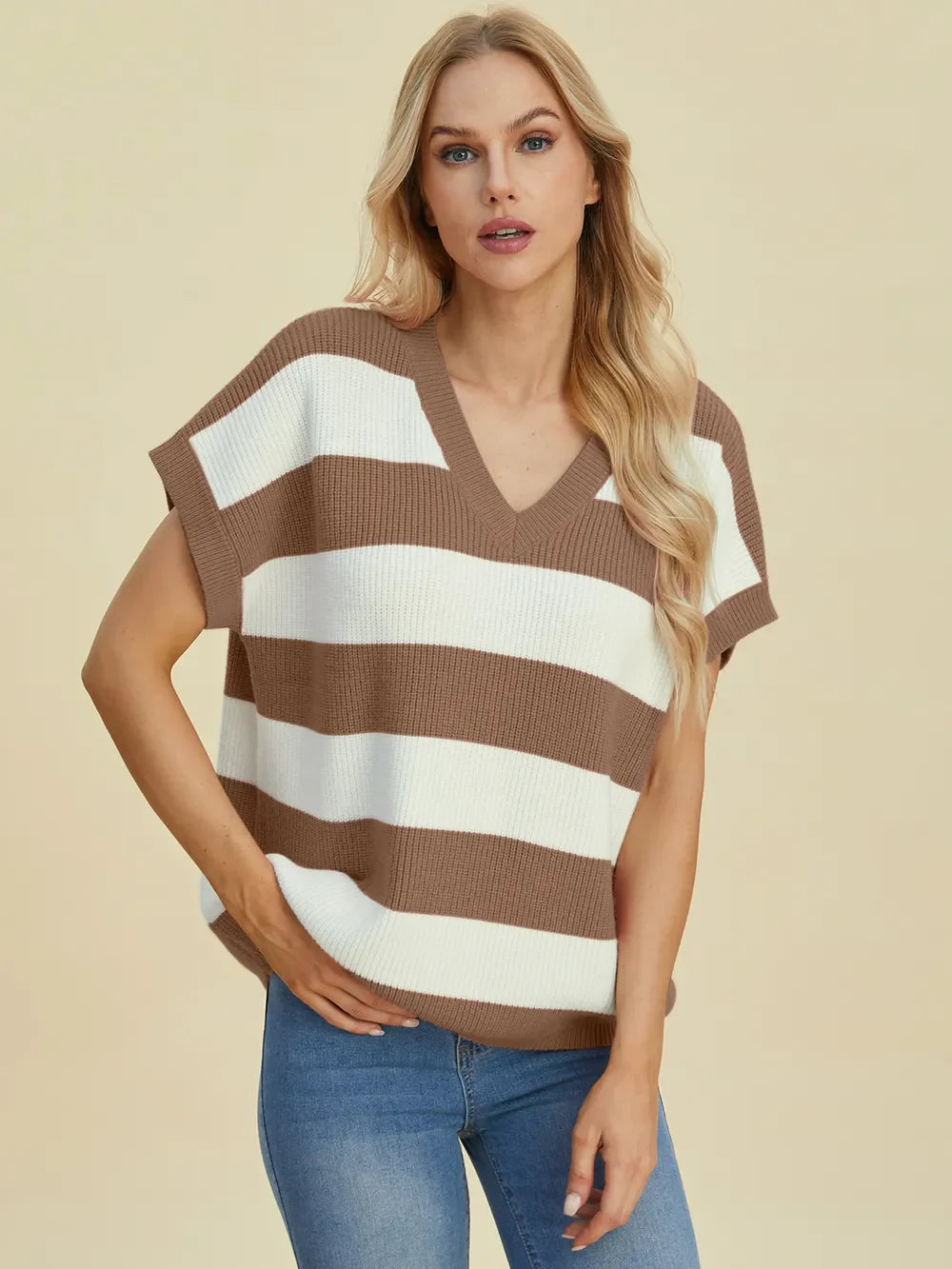 Double Take Striped V-Neck Short Sleeve Sweater