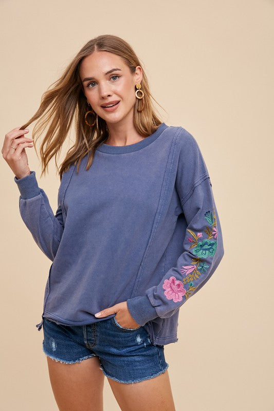 Blue Embroidered Long Sleeve French Terry Top