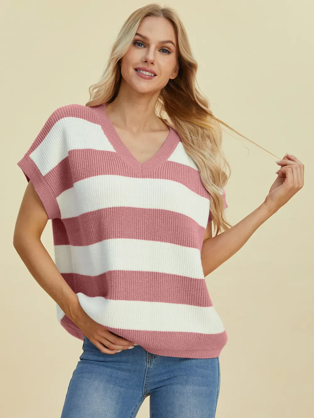 Double Take Striped V-Neck Short Sleeve Sweater