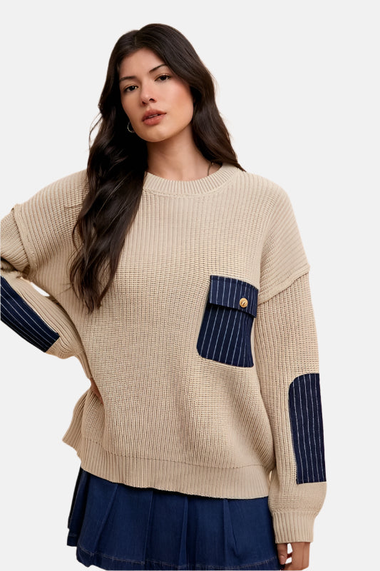 Contrast Details Sweater with Patch Pocket