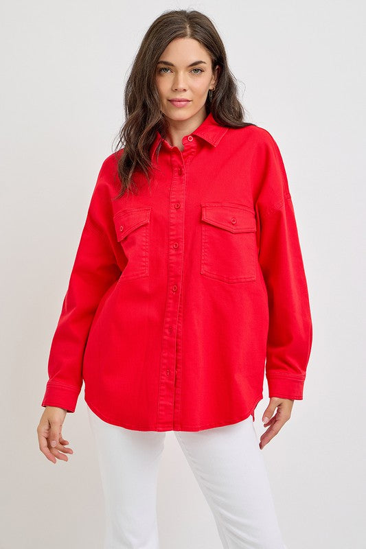 Button Down Long Sleeve Denim Shacket with Pockets