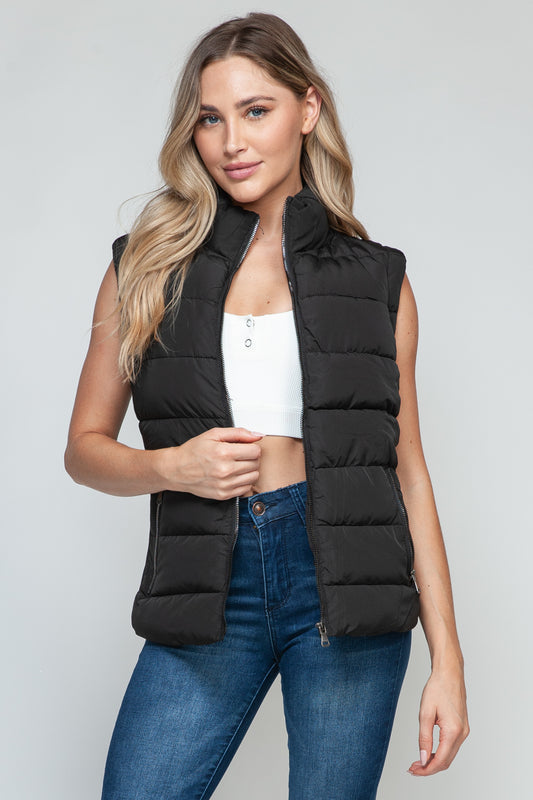 Zip-Up Turtleneck Vest with Pockets Black