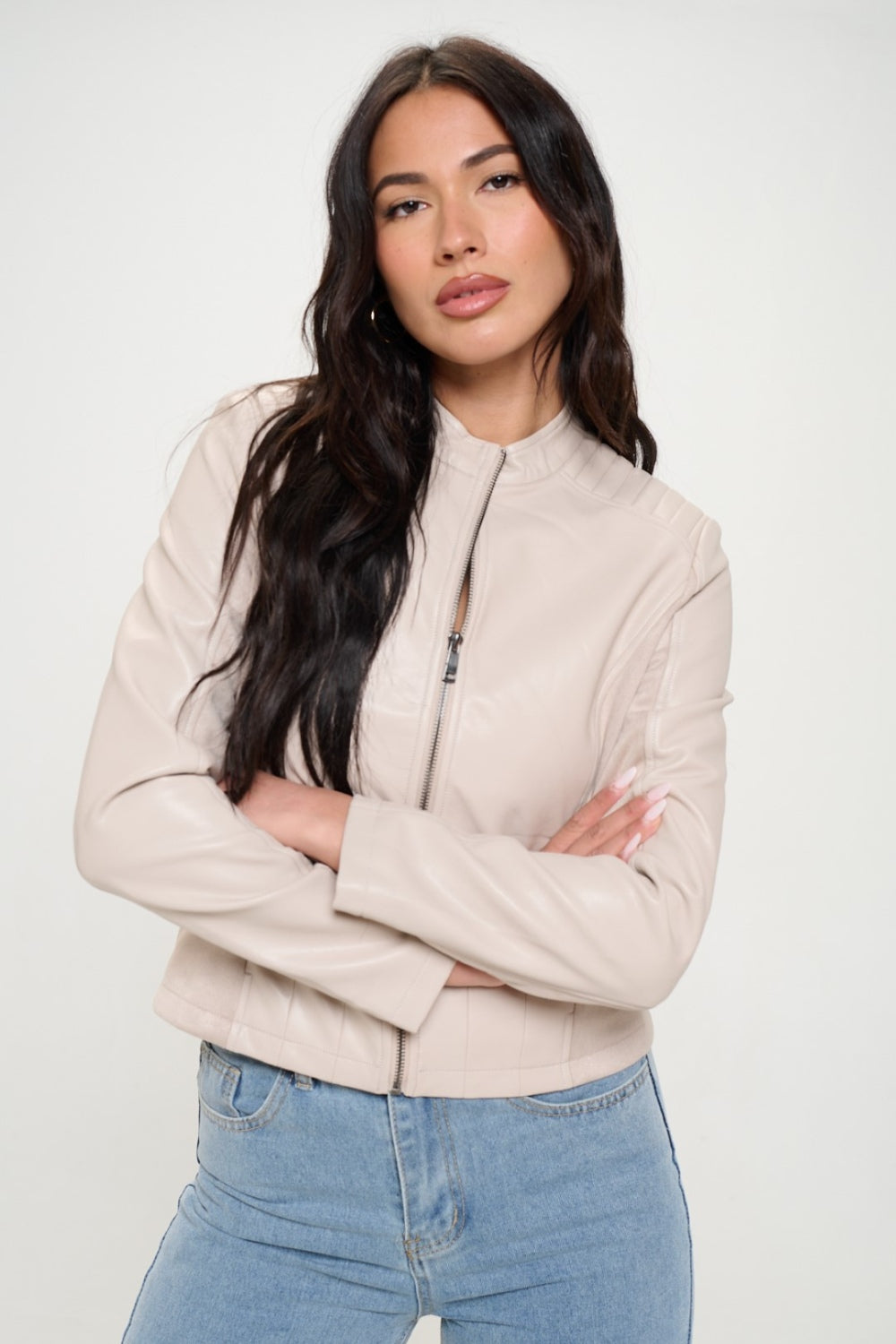 Cream Color Zip-Up Vegan Moto Jacket