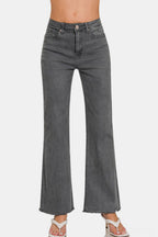 Acid Washed Frayed Hem Bootcut Jeans Dark Grey