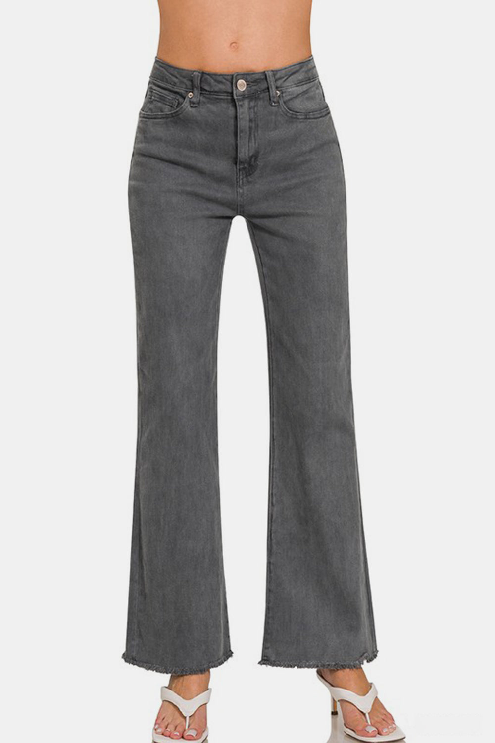 Acid Washed Frayed Hem Bootcut Jeans Dark Grey