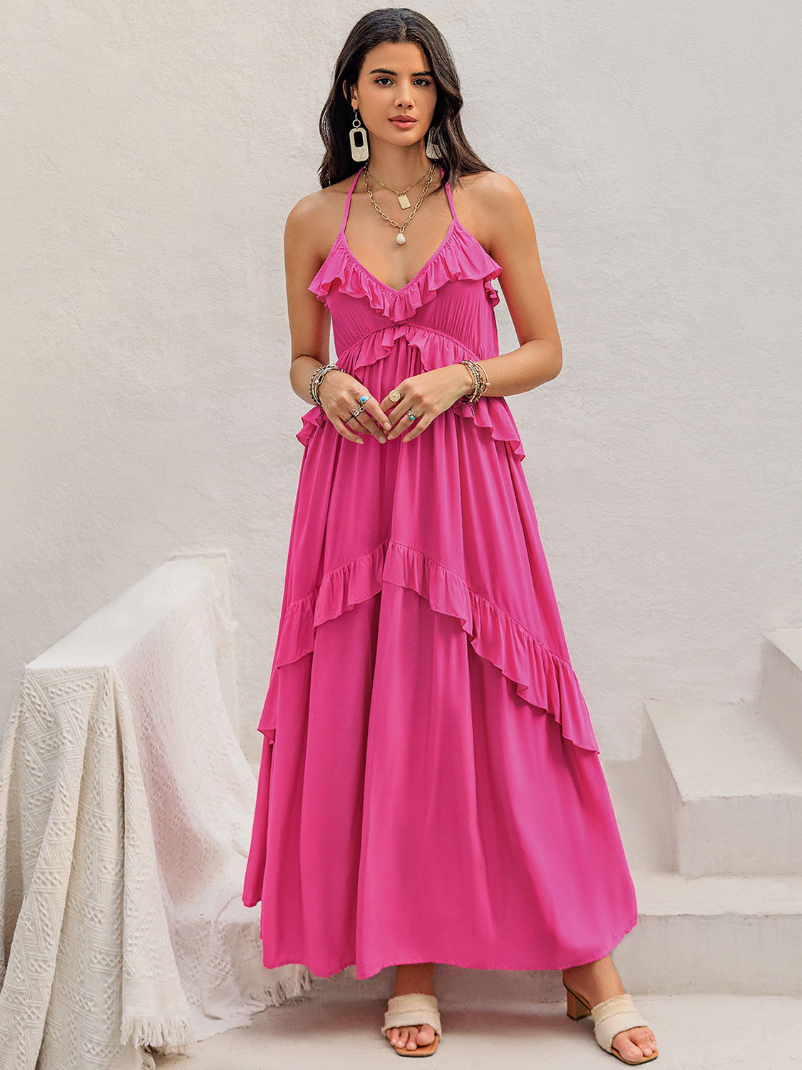 Ruffled Halter Neck Maxi Dress Hot Pink