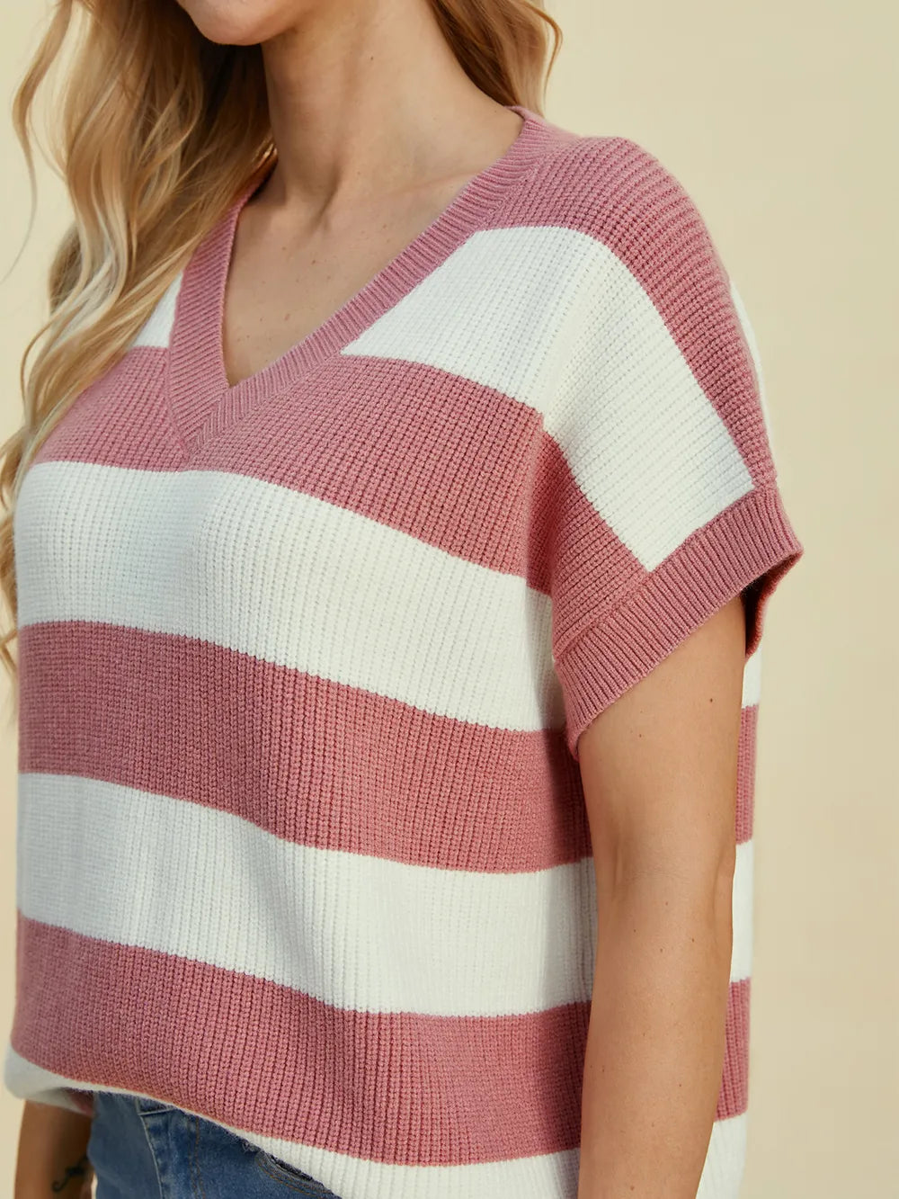 Double Take Striped V-Neck Short Sleeve Sweater