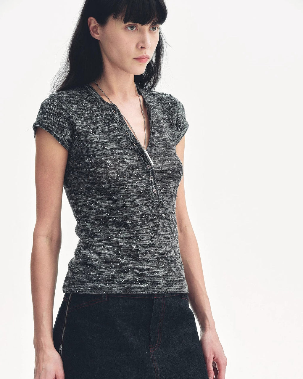 Cotton and Linen Blend Sequined Henley Neck Top ‘Minimalist Light Gap’