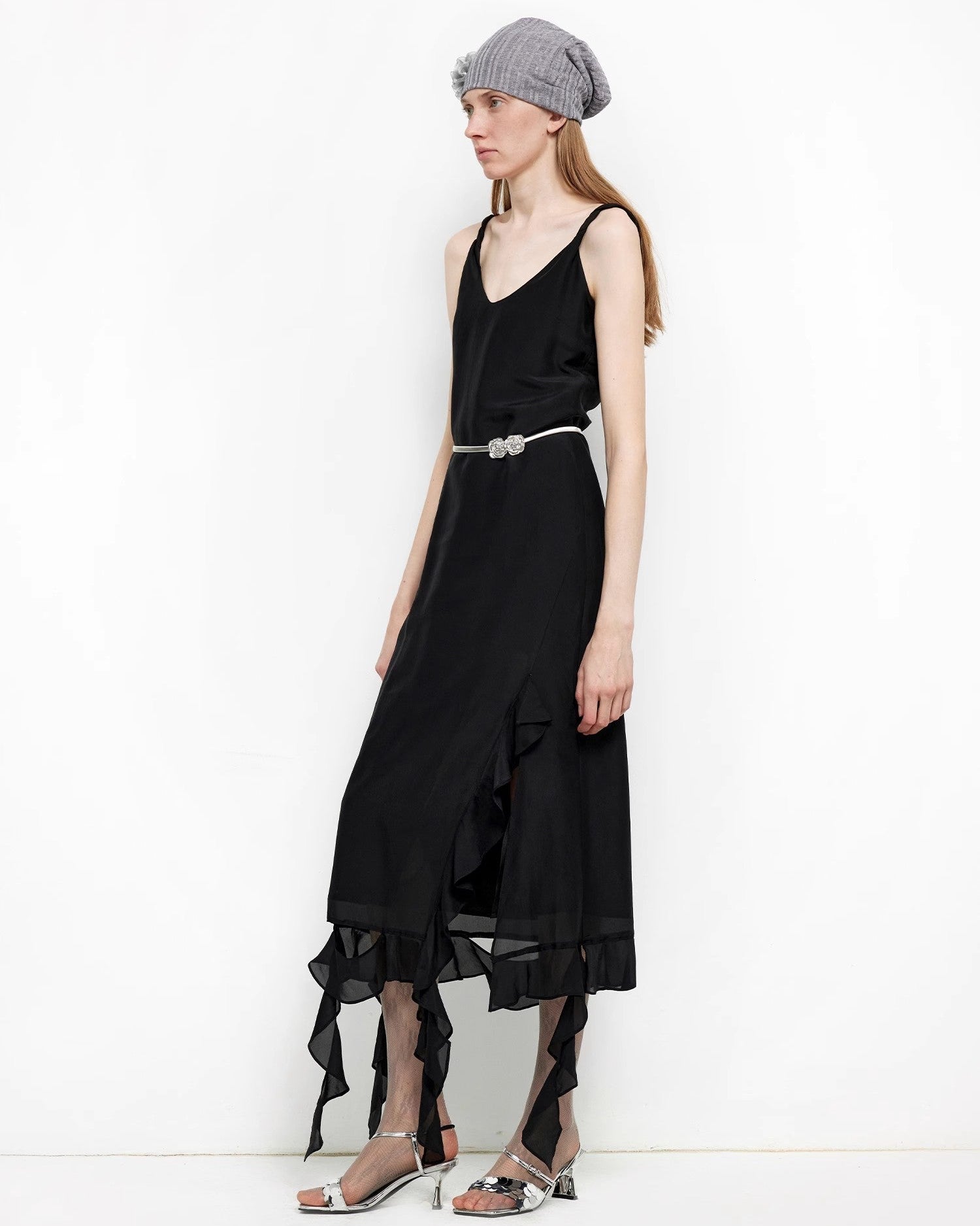 Acetate Mulberry Silk V-Neck Ruffled Draped Twist Strap Summer Dress ‘Rosy Ombre’