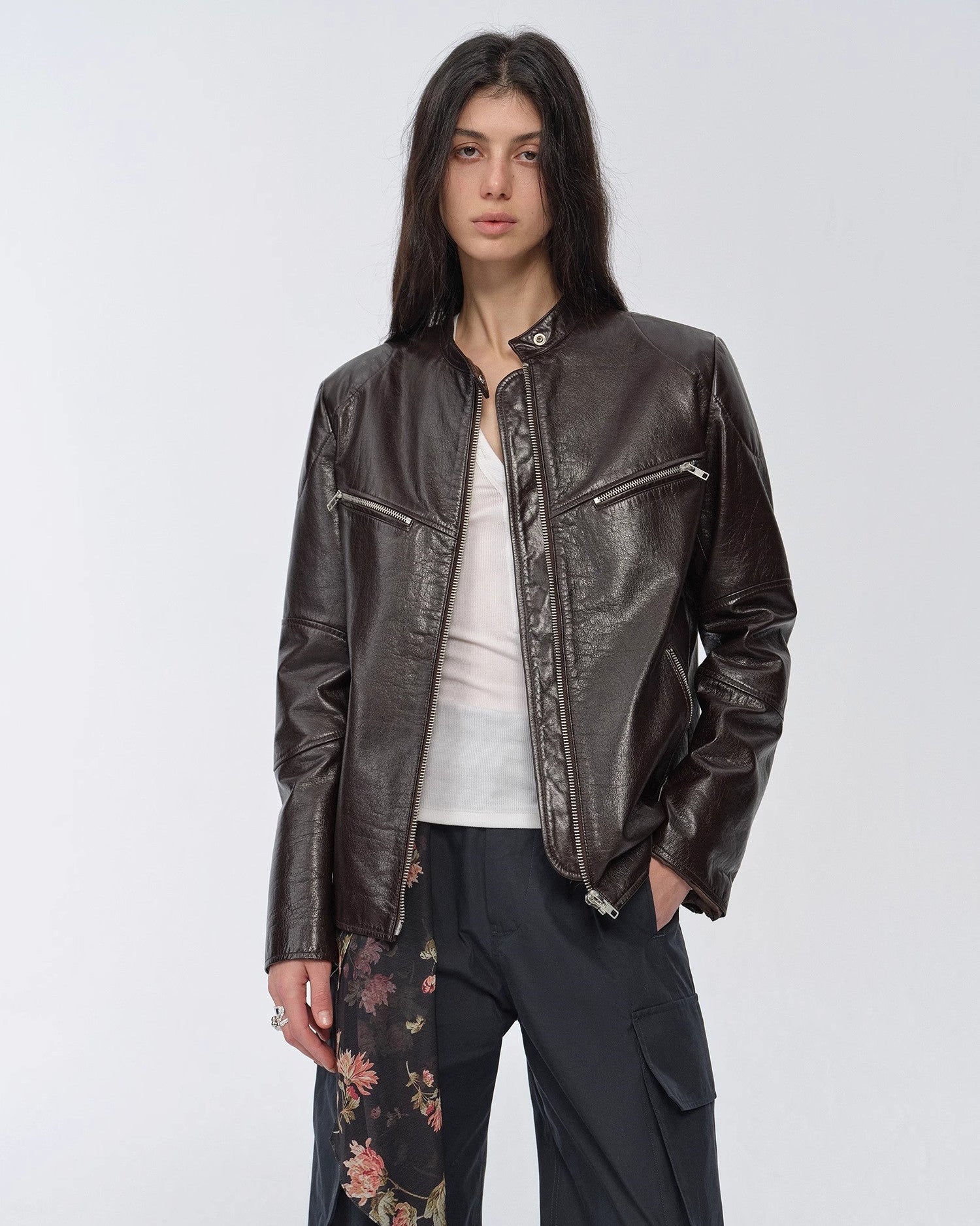Waxed Sheepskin/Cowhide Vintage Motorcycle Leather Jacket 'Manhattan Dark Night'