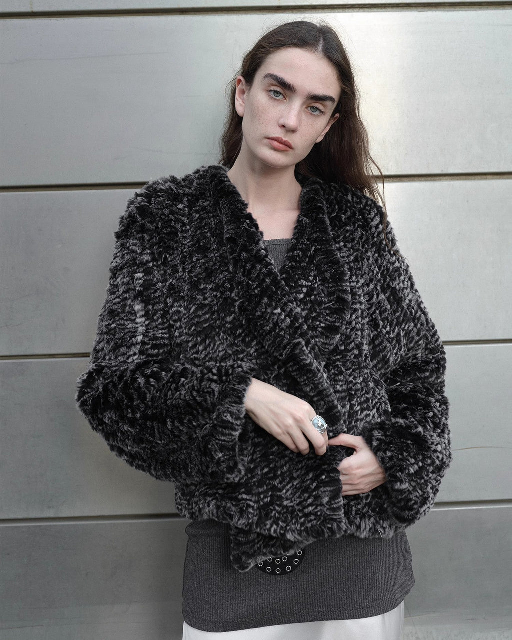 ‘Inspiration Glimpse’ Lapel Double-Breasted Loose Woven Rex Rabbit Fur Coat