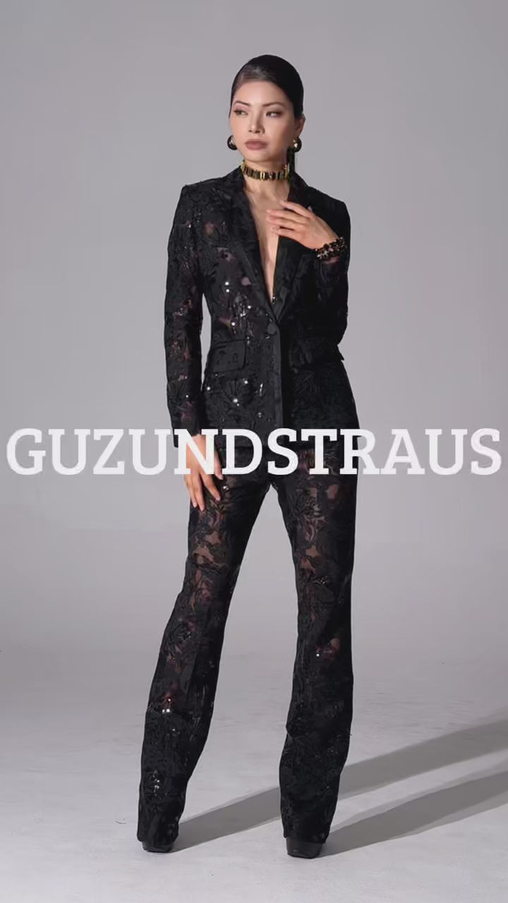 Carie Sequin Floral Blazer Set | Black