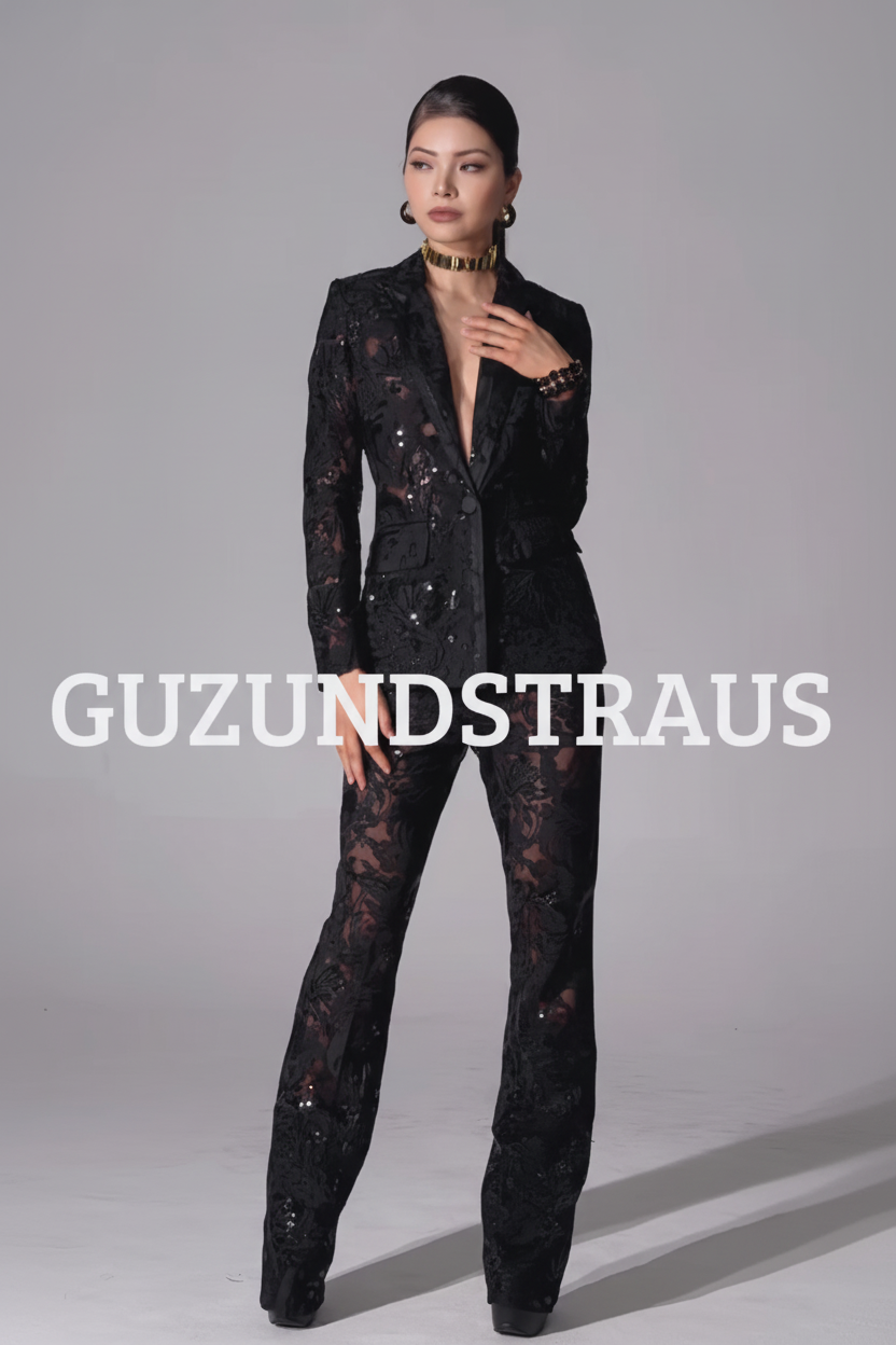 Carie Sequin Floral Blazer Set | Black