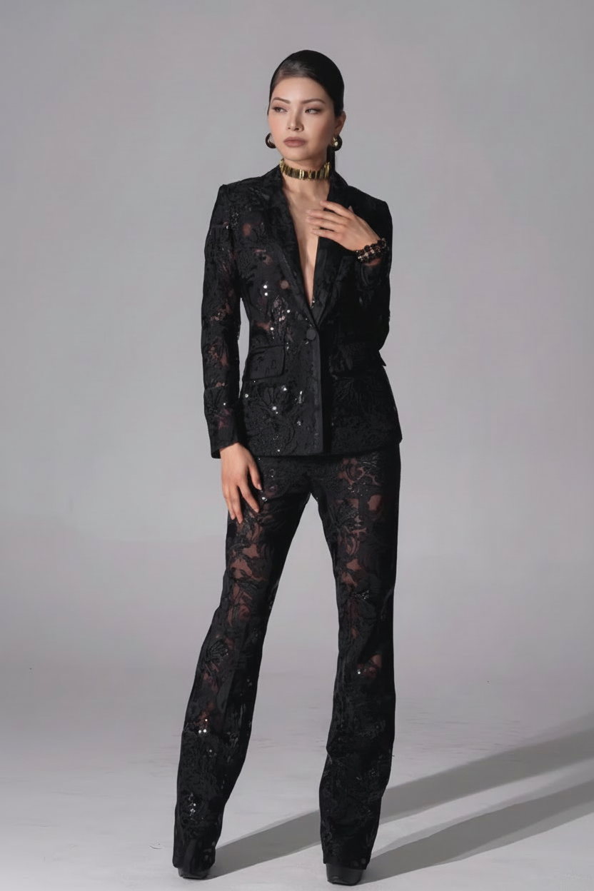 Carie Sequin Floral Blazer Set | Black
