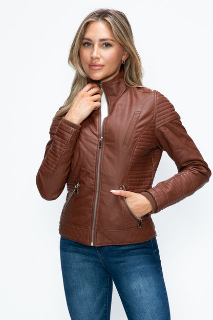 Faux Layered Double-Zipper Jacket with Fuzzy Hood Brown