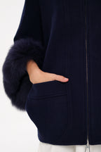 Genuine Polar Fox Fur Cashmere Blend Poncho in True Navy