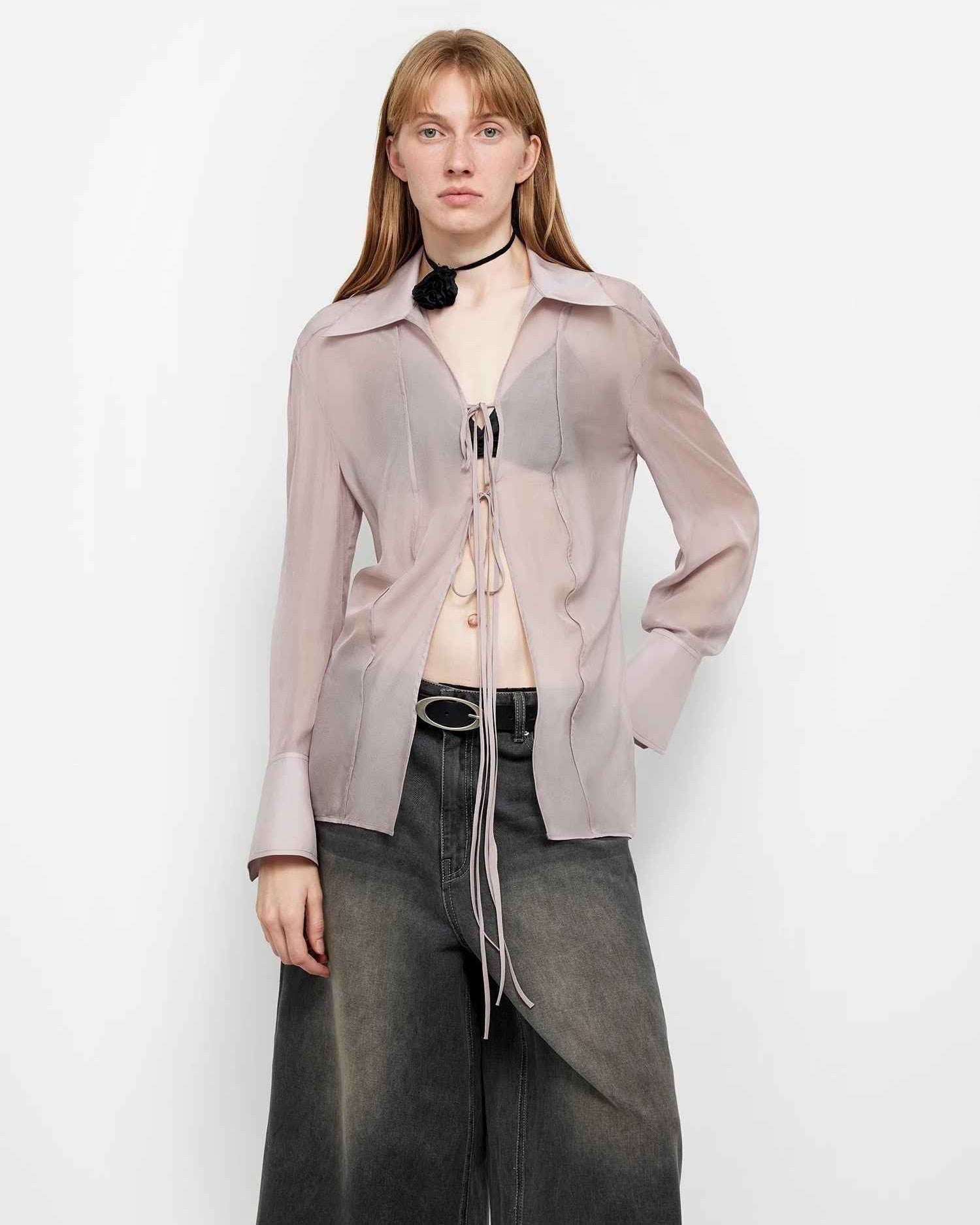 Silk Chiffon Light and Hazy Cool Drape Lace-Up Summer Shirt ‘Hazy Moonlight’