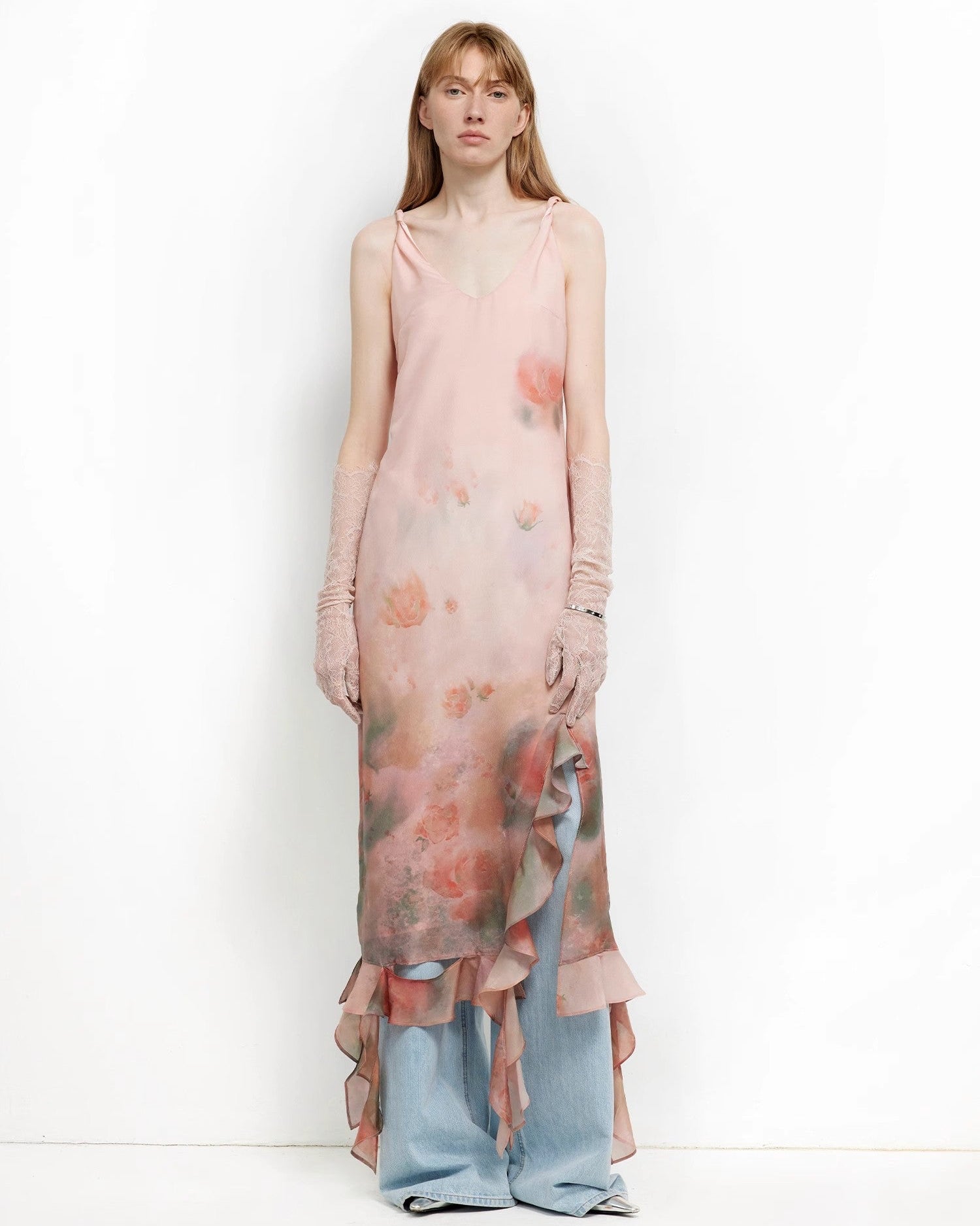 Acetate Mulberry Silk V-Neck Ruffled Draped Twist Strap Summer Dress ‘Rosy Ombre’