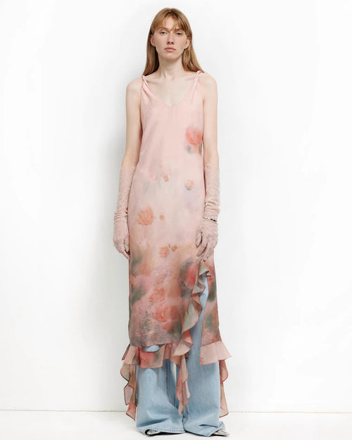 Acetate Mulberry Silk V-Neck Ruffled Draped Twist Strap Summer Dress ‘Rosy Ombre’