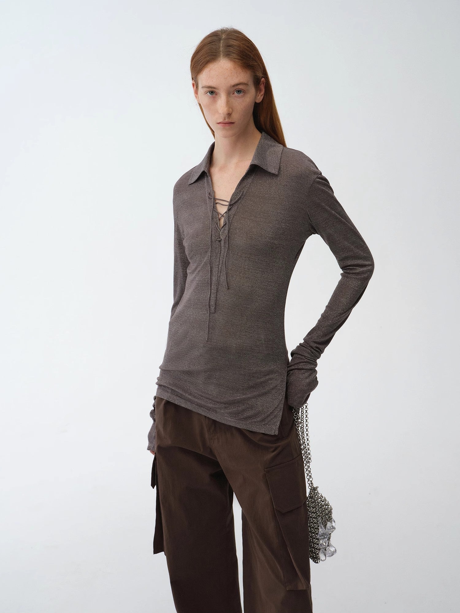 Light Silver Silk Slightly Transparent Knit Top ‘Eiffel’