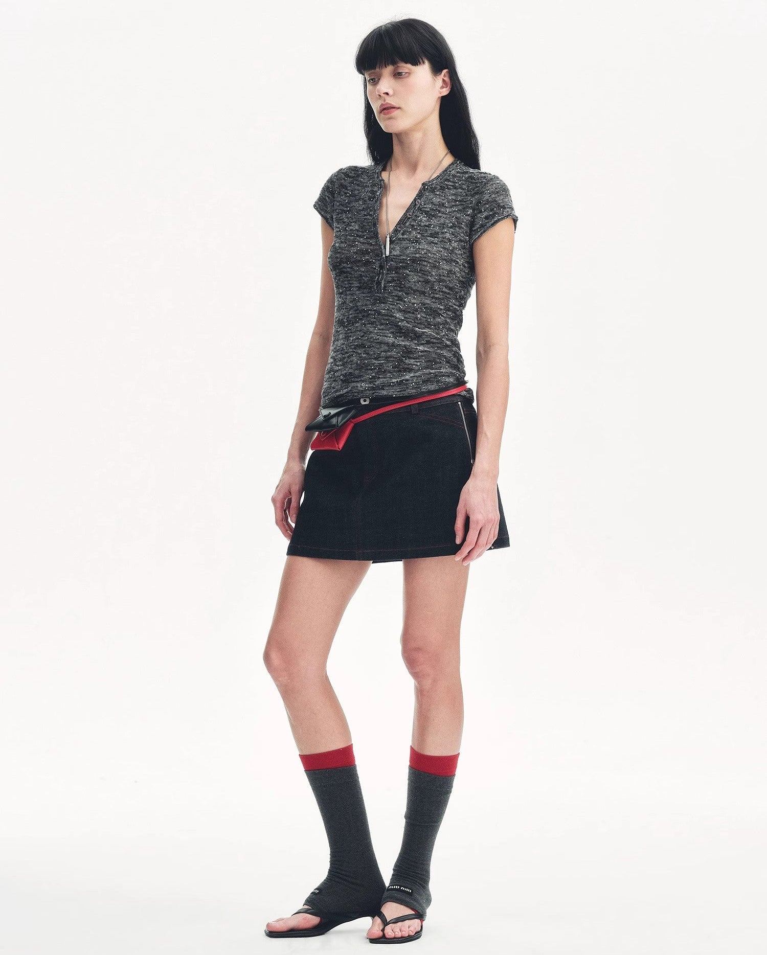 Cotton and Linen Blend Sequined Henley Neck Top ‘Minimalist Light Gap’