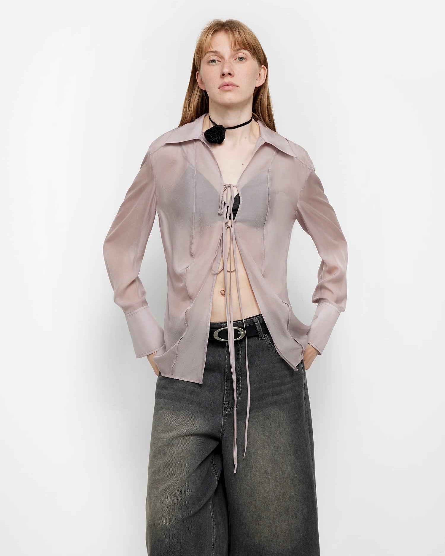 Silk Chiffon Light and Hazy Cool Drape Lace-Up Summer Shirt ‘Hazy Moonlight’