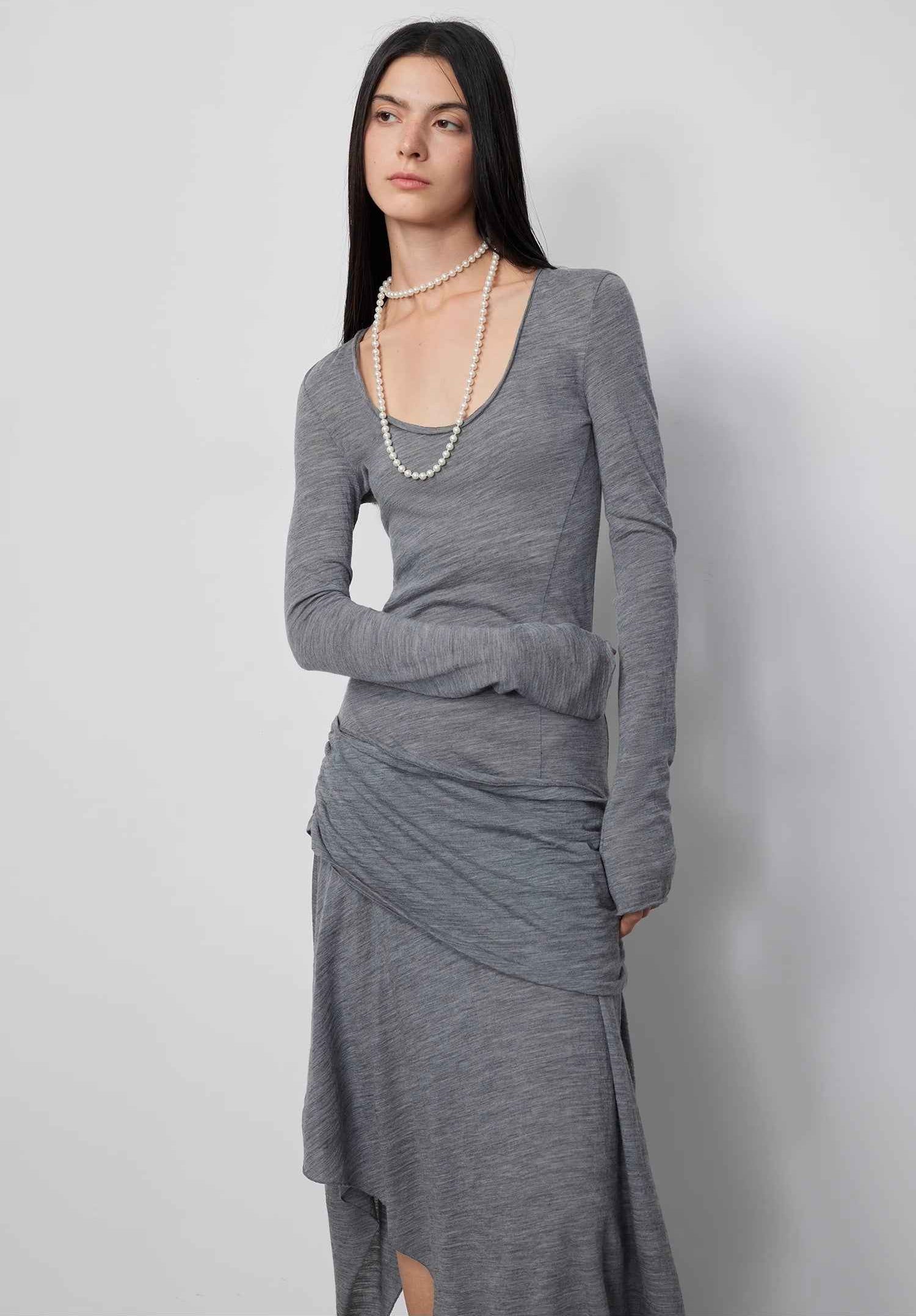 'Dreamy Ball' Lightweight and Breathable 100% Wool U-Neck Irregular Hem Dress