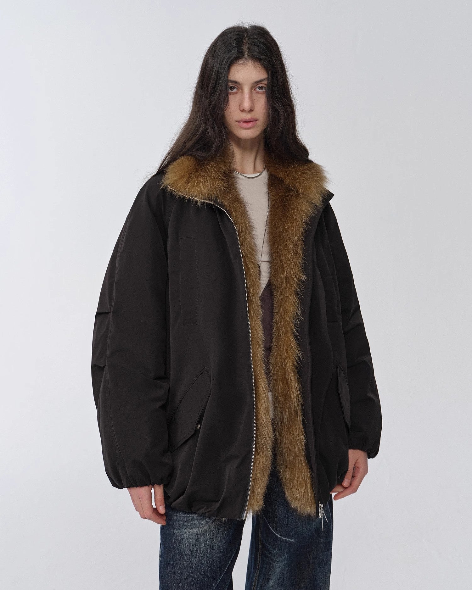 Fireladyfur Mid-Length Two-Tone Fox Fur Down Jacket 'Warm Dialogue'