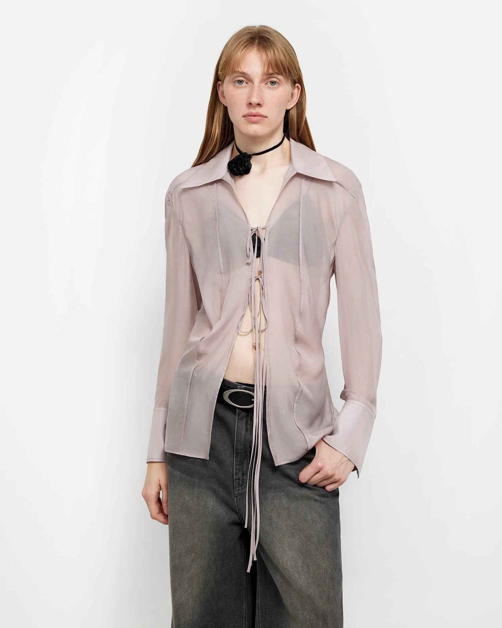 Silk Chiffon Light and Hazy Cool Drape Lace-Up Summer Shirt ‘Hazy Moonlight’