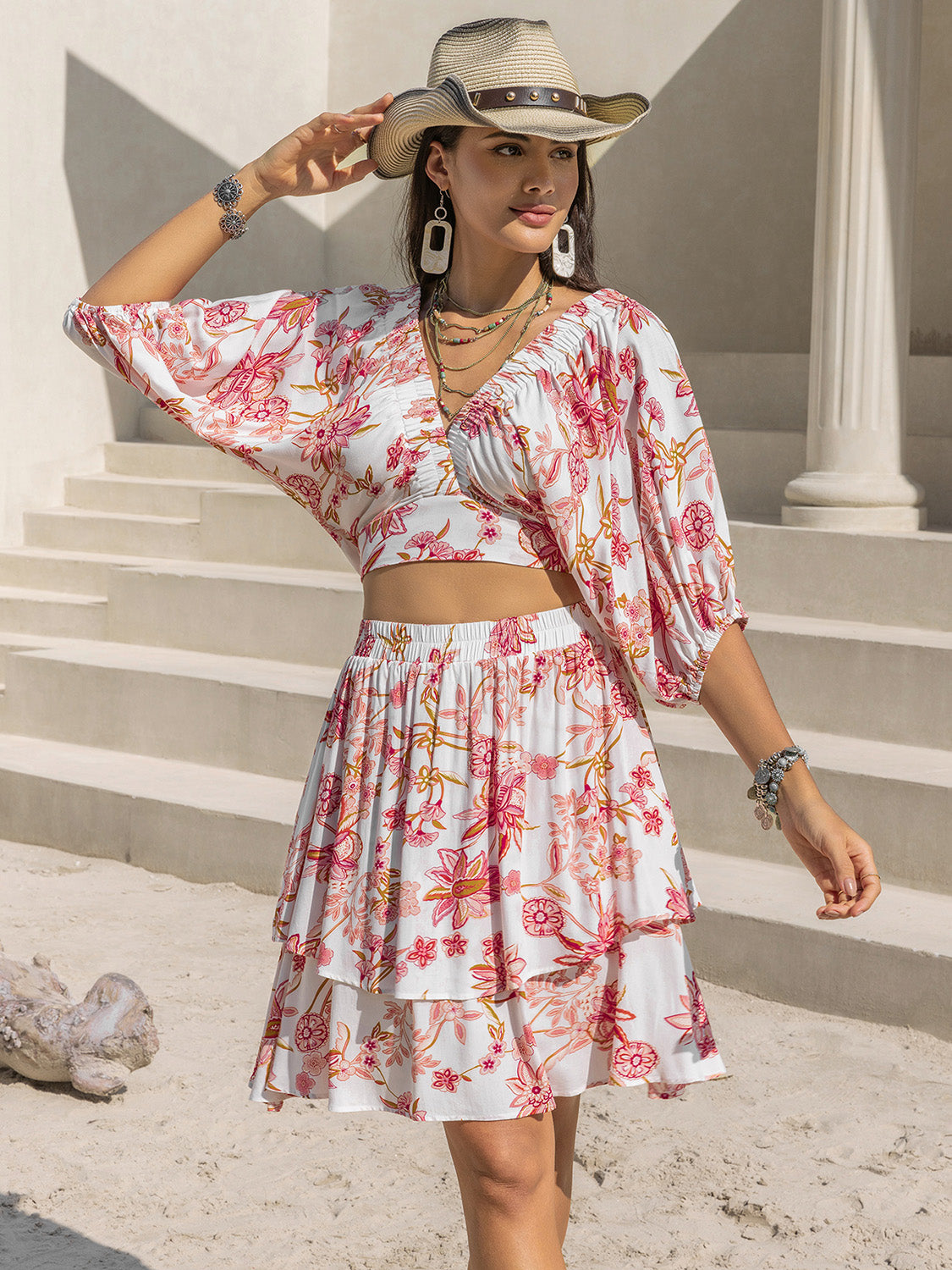 Half Sleeve Top and Layered Skirt Flower Print Set