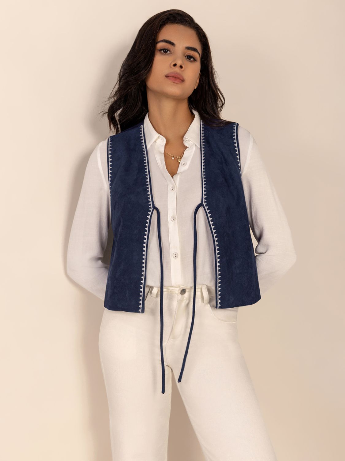 Navy Blue Tied Contrast Trim Vest