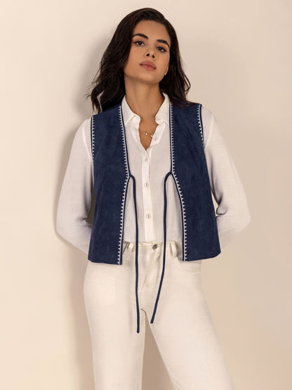 Navy Blue Tied Contrast Trim Vest