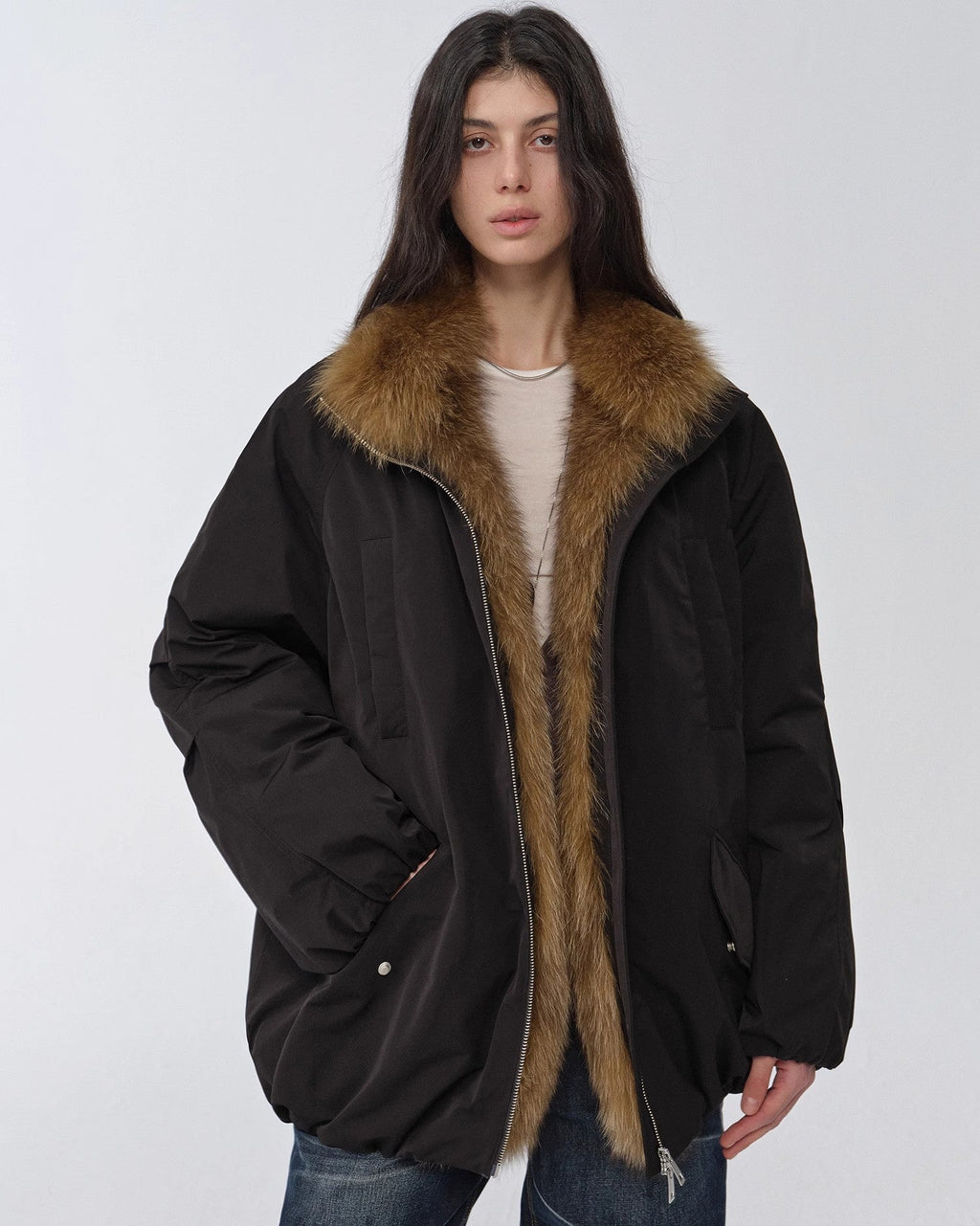 Fireladyfur Mid-Length Two-Tone Fox Fur Down Jacket 'Warm Dialogue'