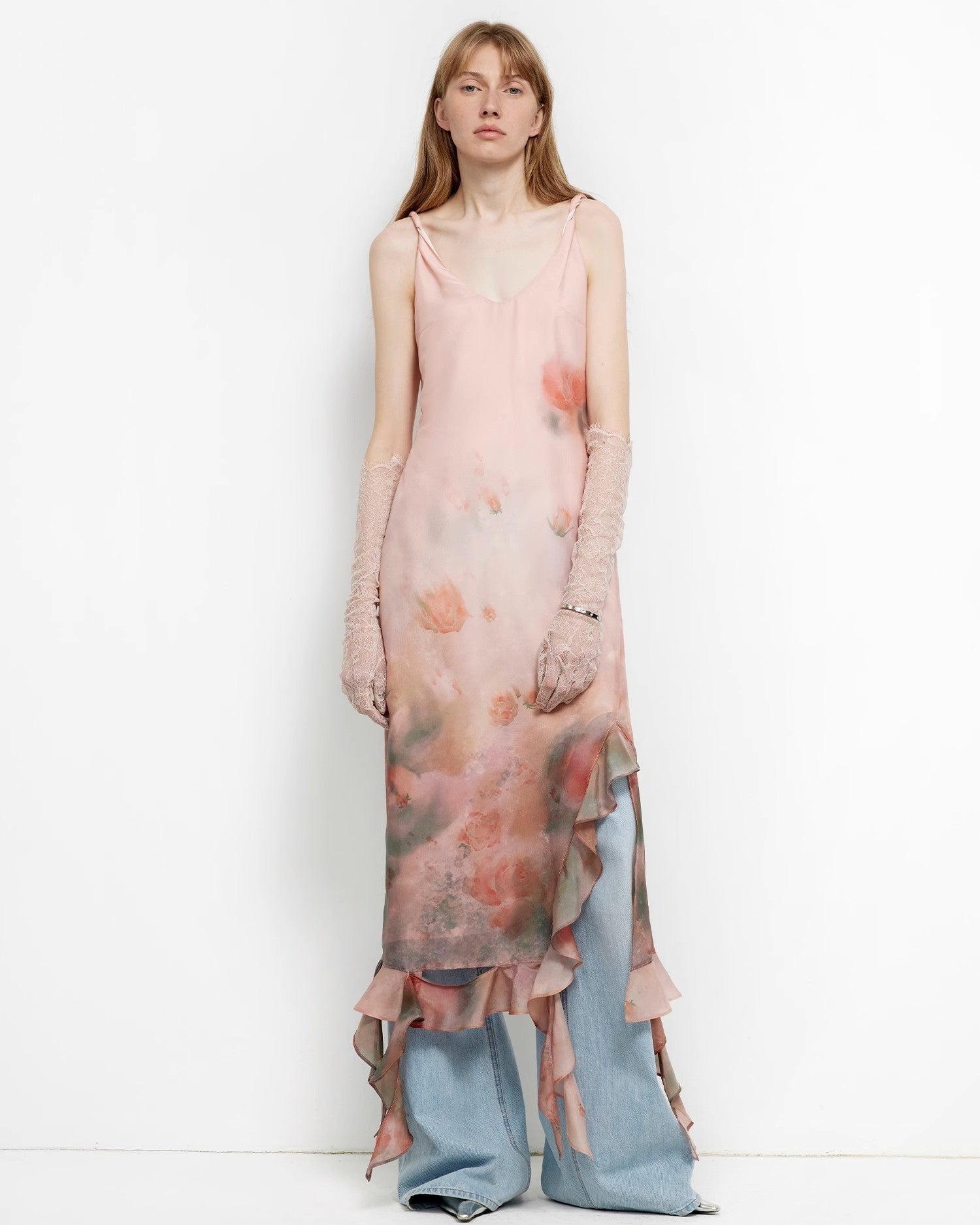 Acetate Mulberry Silk V-Neck Ruffled Draped Twist Strap Summer Dress ‘Rosy Ombre’