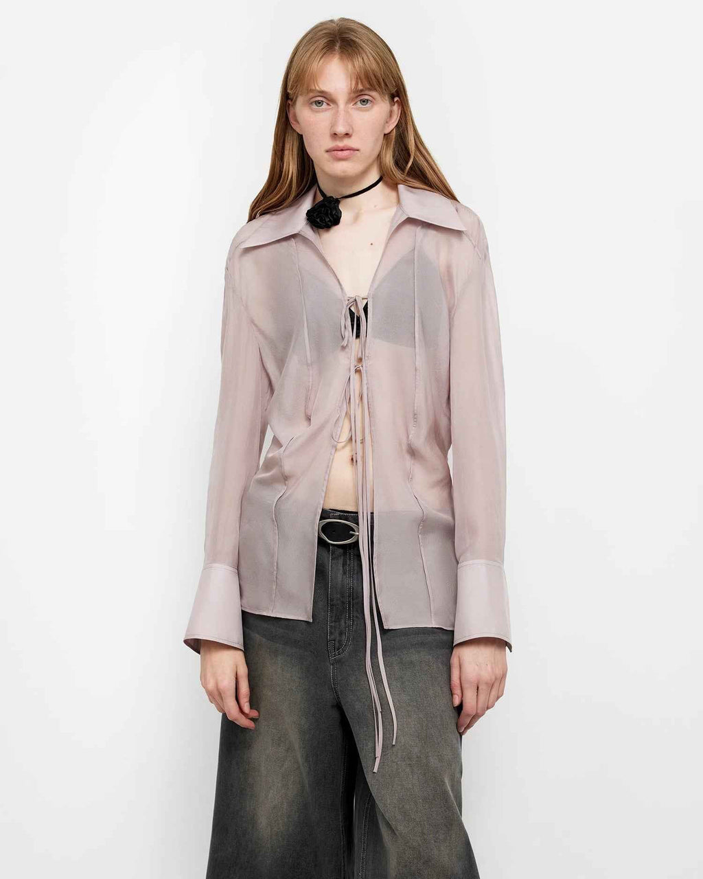 Silk Chiffon Light and Hazy Cool Drape Lace-Up Summer Shirt ‘Hazy Moonlight’