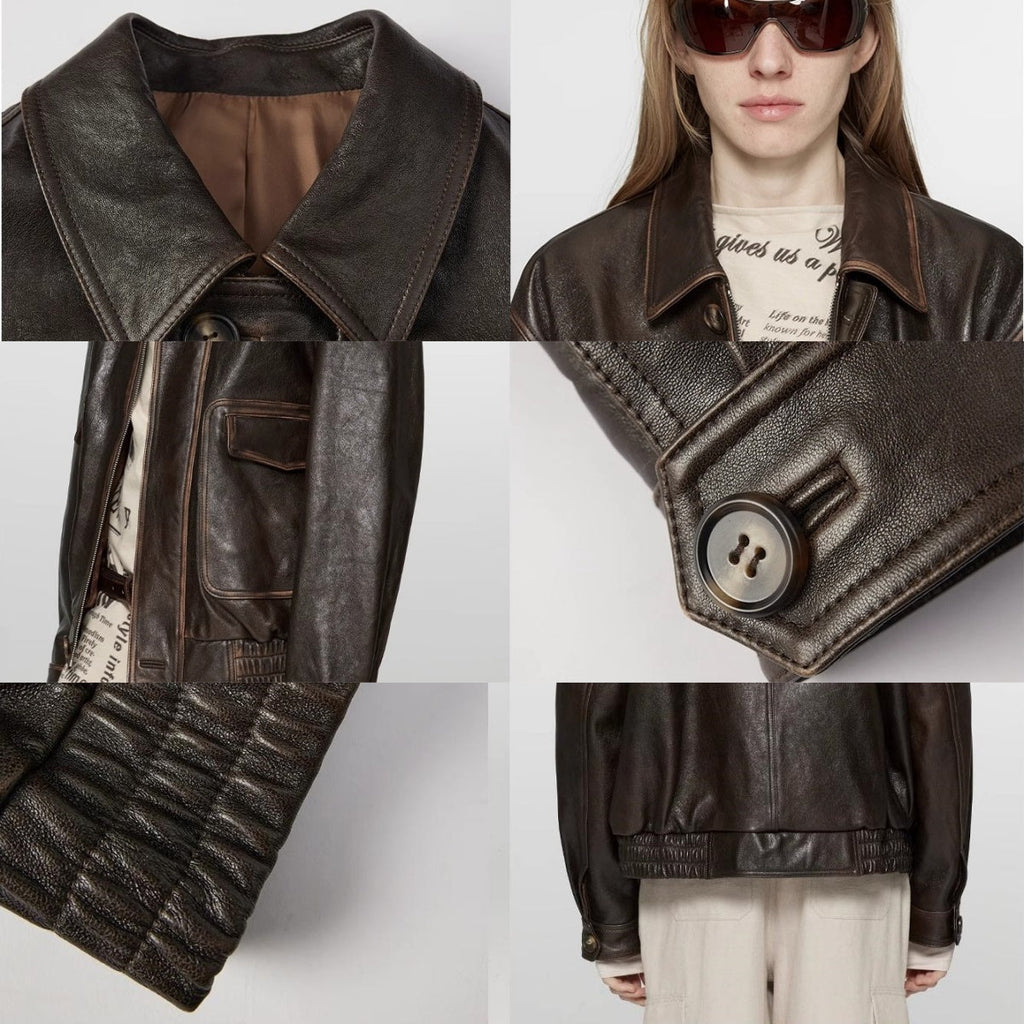 Fireladyfur Women's Vintage Brown Aviator Style Leather Jacket 'South City Old Lane'